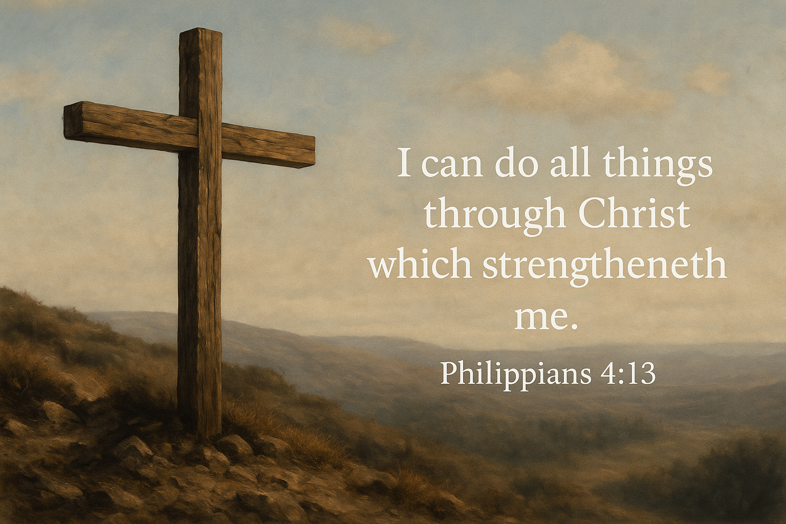 A photorealistic image depicting the spiritual themes of Philippians 4:13, featuring natural lighting and symbolic elements that represent biblical truth and faith.